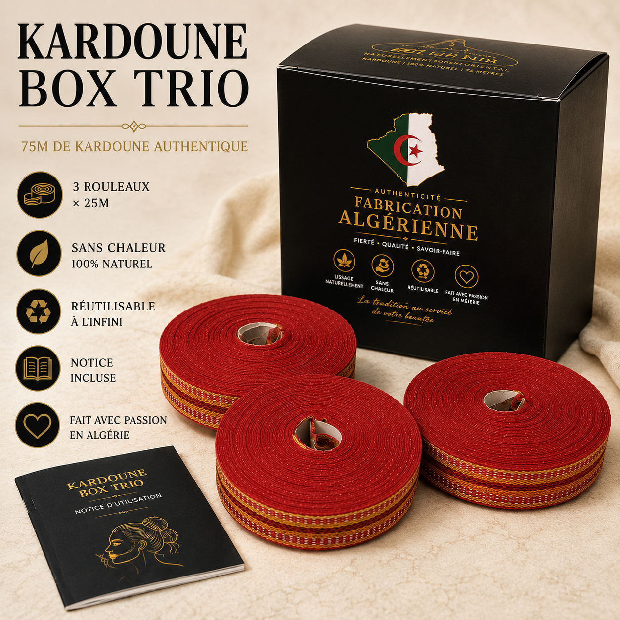 Kardoune Box Trio – 3 Rouleaux de 25 m – Lissage Sans Chaleur – Coffret Premium